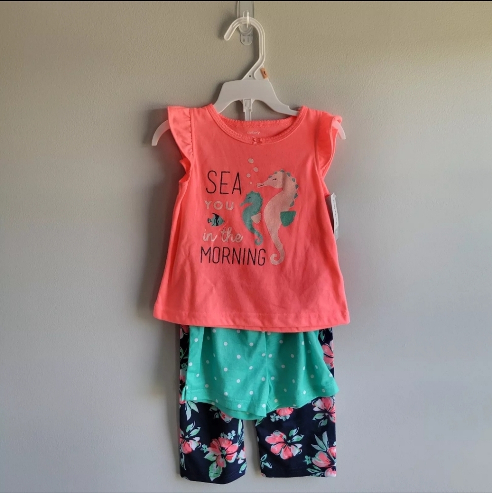NWT Carter's 2T Toddler Girls 3 Piece Pajamas Set Short Pants Beach Seahorses